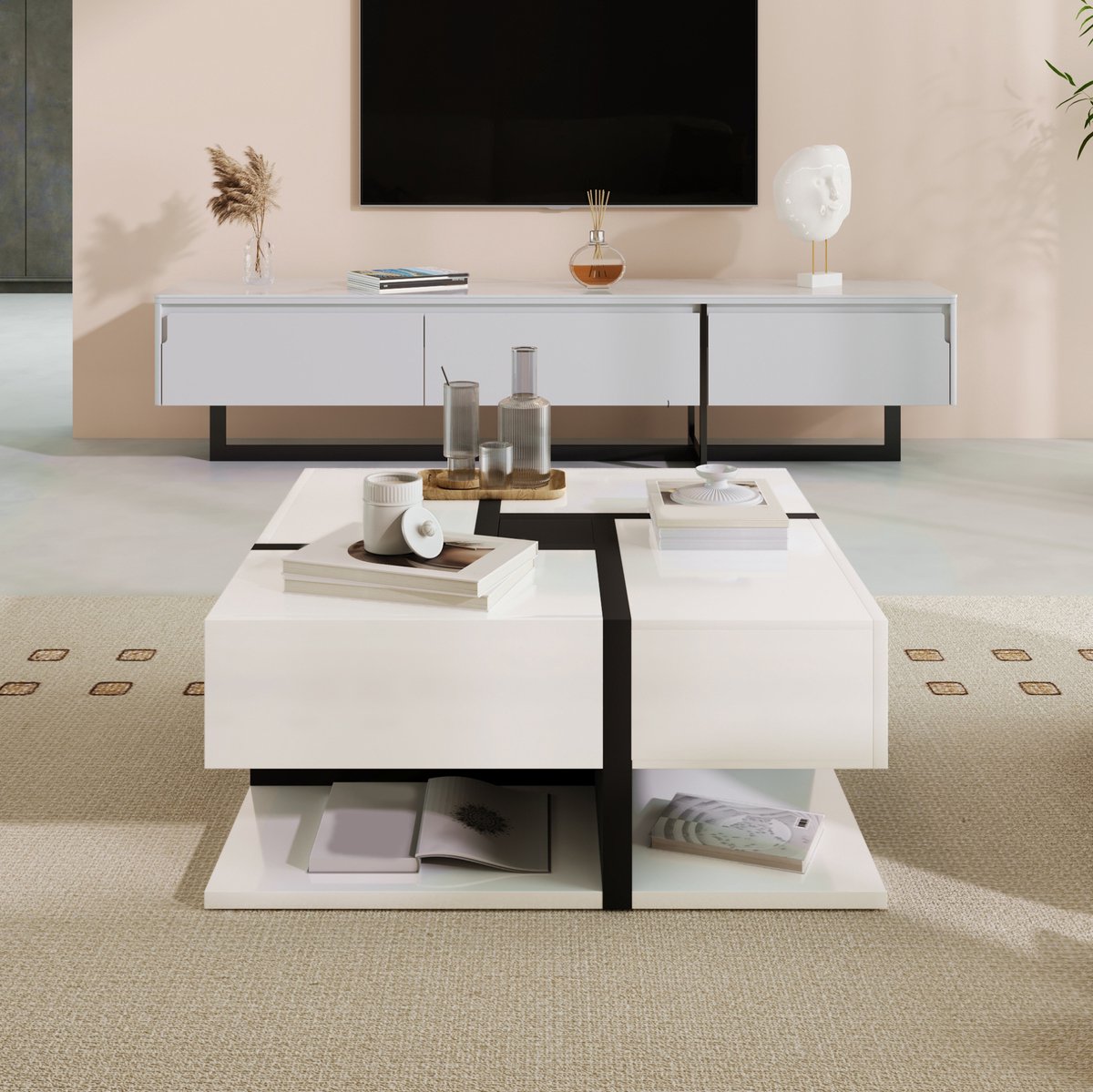 COVREO Salontafel 78x78x36 cm - hoogglans, 4 lades, opbergruimte onder, wit en zwart