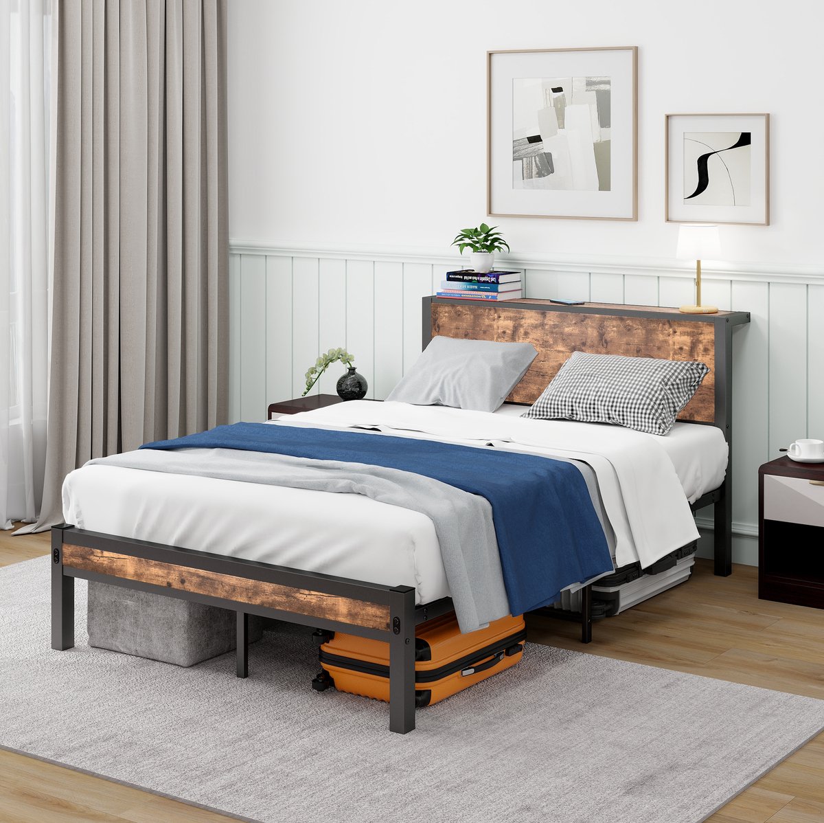 STILVORA Bed 120x200 cm – Metalen Bedframe Met Opberg-Hoofdbord – Lattenbodem Zonder Boxspring – Voor Slaapkamer – Antiekbruin – Zonder Matras
