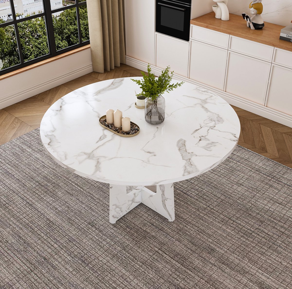 OKWISH Eettafel – Ronde Tafel Met Witte Marmerlook – 120 cm Diameter, 76 cm Hoog – Voor Eetkamer, Keuken En Woonkamer – MDF Wit
