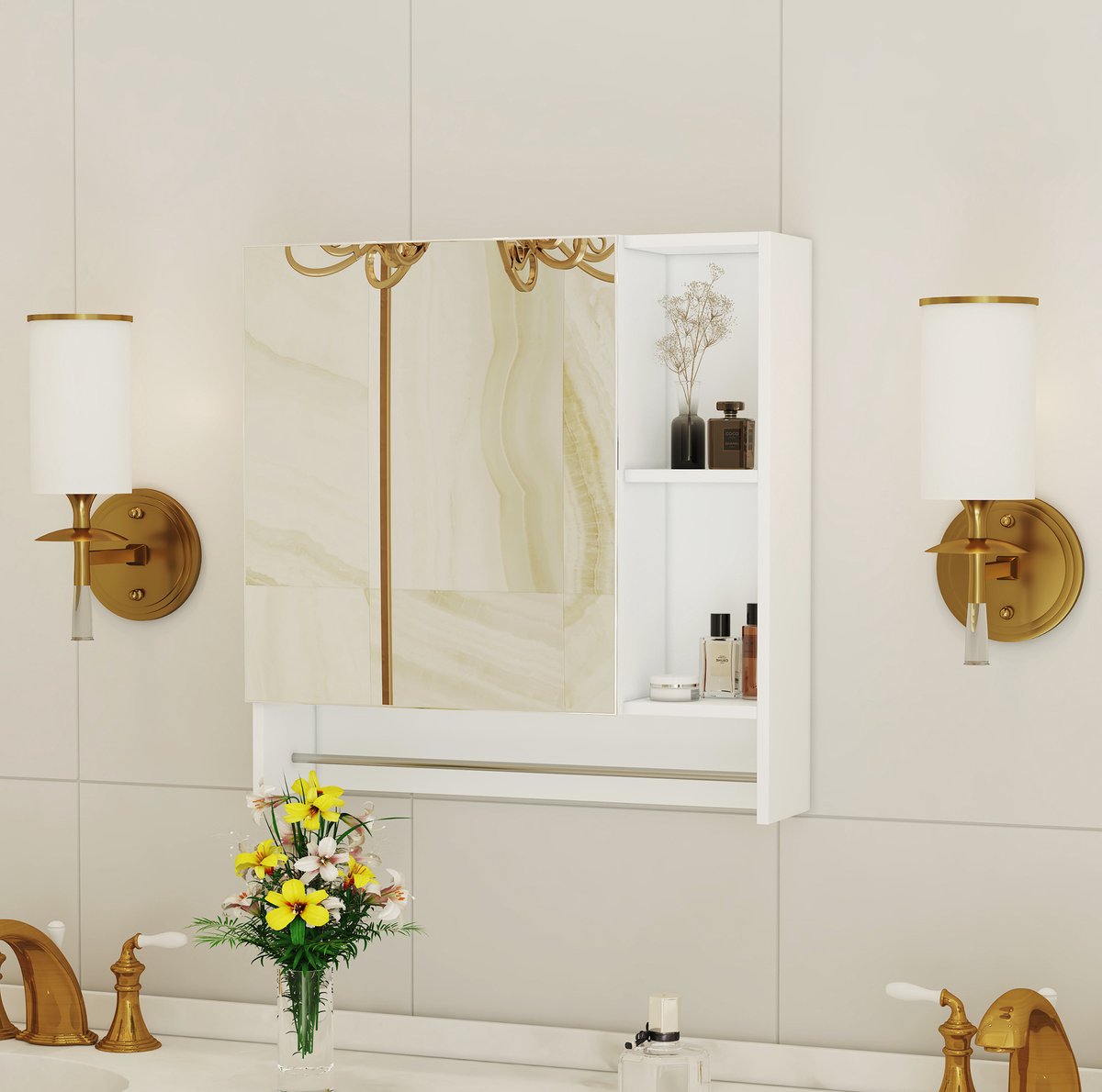 OKWISH Badkamer Spiegelkast - Wandmontage Met Spiegel En Opbergvakken - Voor Kleine Badkamers - MDF Wit - 55 x 13 x 56 cm