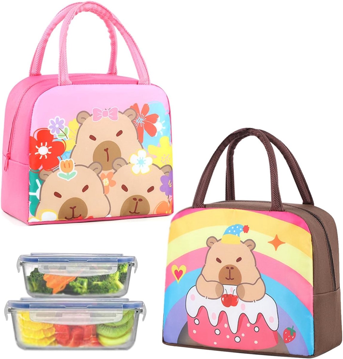 Lieve en Herbruikbare Kinderen Lunchtassen voor School en Picnics, Vouwbare Koeltas met Schattige Cartoon Capybara, Ideaal voor Jongens en Meisjes, 23 x 19 x 13 cm