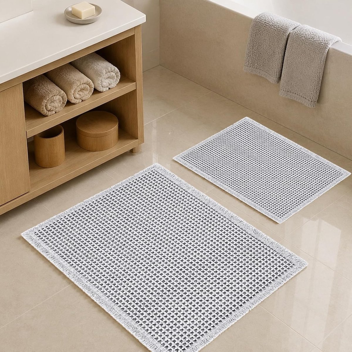 Antislip badkamermattenset, 2-delig, wasbaar, boho stijl, ideaal voor badkamer, keuken en wasruimte, 46 x 77 cm + 43 x 61 cm, comfortabel en duurzaam