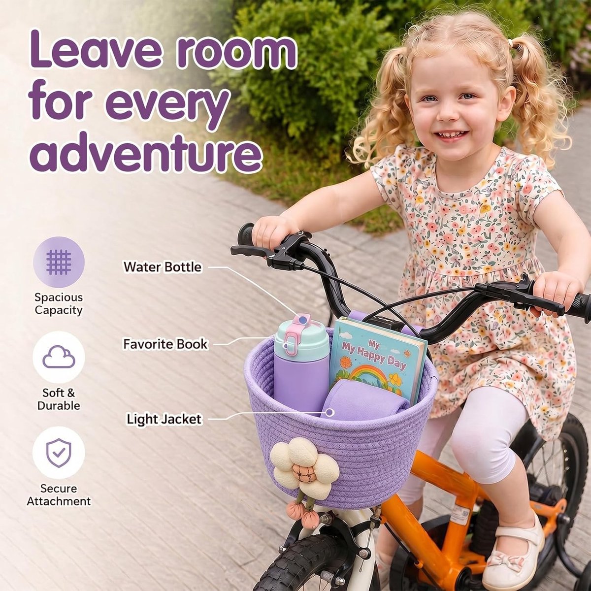 Duurzame Fietstas voor Handlebars met Bloemdecoratie, Verstelbare Lederen Straps, 19.5 x 15.5 x 14.5 cm, Ideaal voor Fietsen en Boodschappen