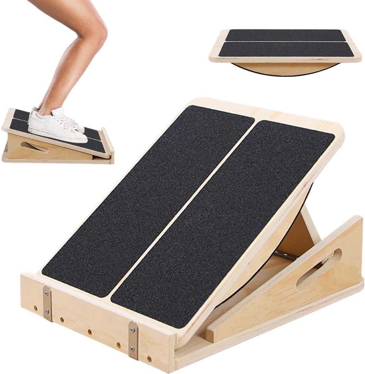 Verstelbare schuine plank voor kuitrekken, ideale kuitrek, houten plank met hoeken en trainingsposter voor optimale kuitstretching