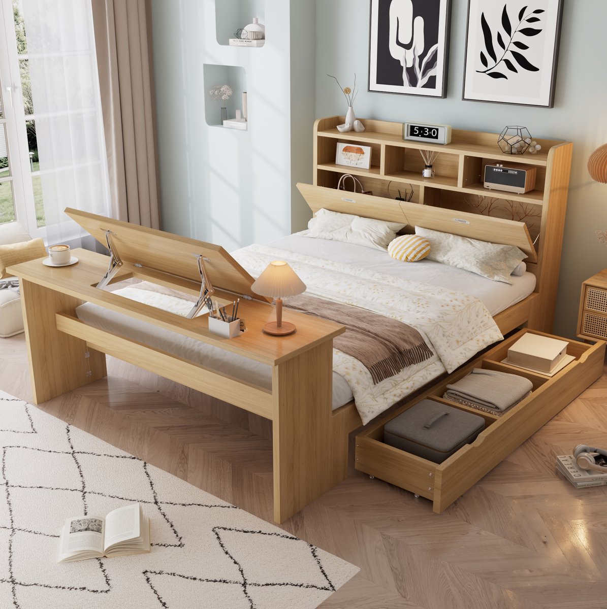 OKWISH Bed 140x200 cm - Met Opbergruimte en Verstelbare Klaptafel - Met Lade en Hoofdbordplank - Jeugdbed van Hout - Naturel - Zonder Matras