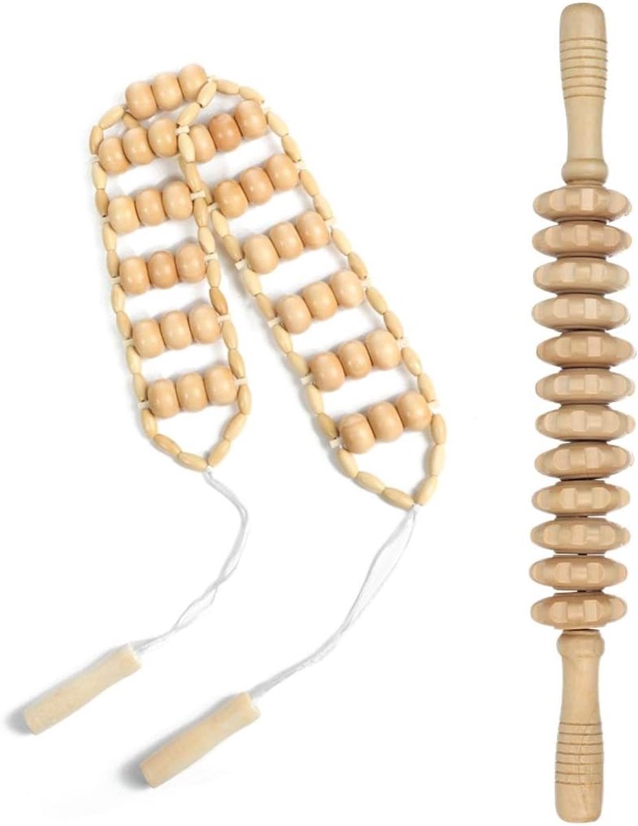 Houten Massage Set - Roller en Touw - Spierontspanning Verlichten - Ergonomische Handgrepen - 63 cm Touw 43 cm Stok