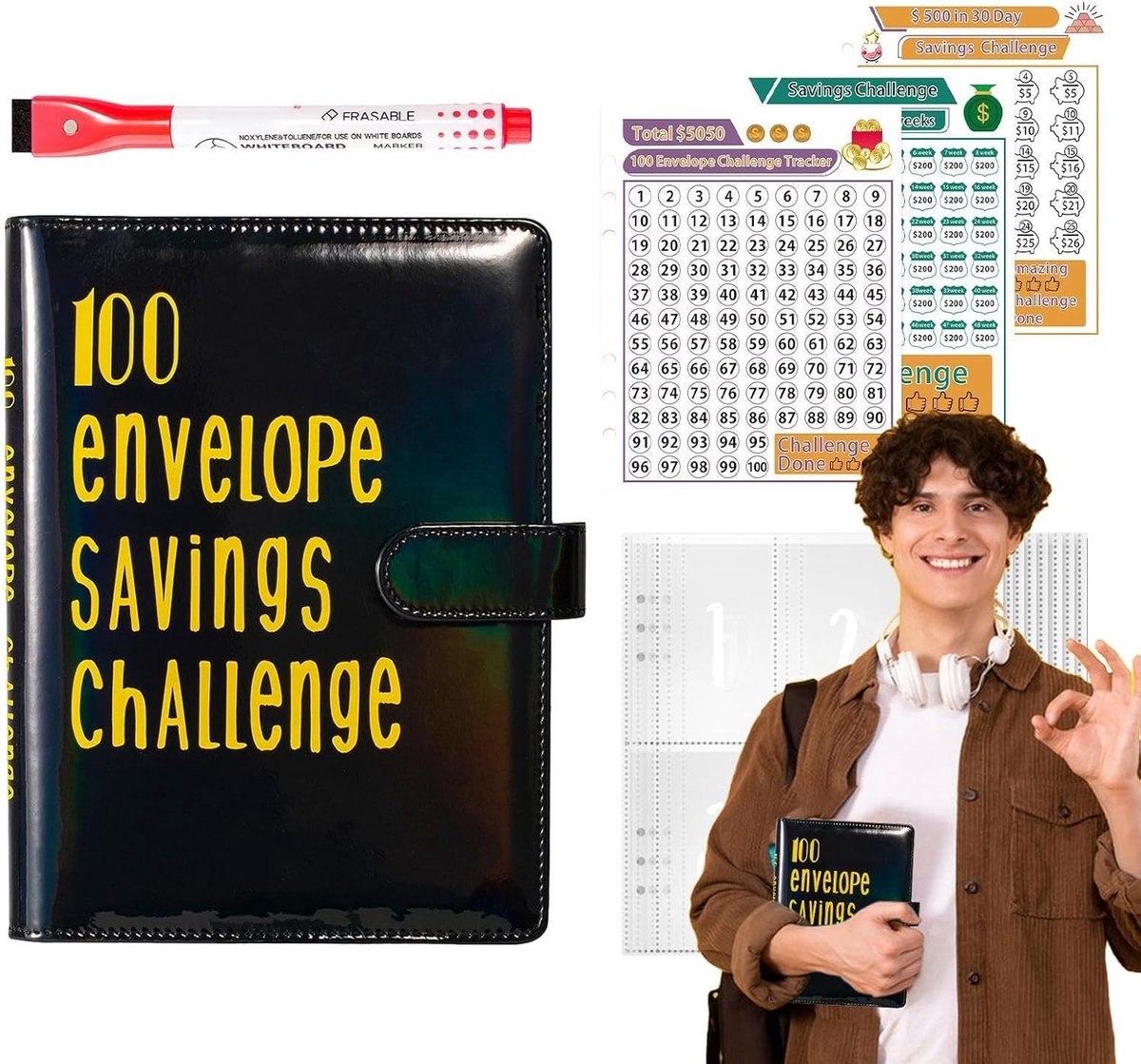 Spaarchallenge Boek - Geld Besparen - Financiën Beheren - Waterproof PVC - A5 Formaat - Zwart