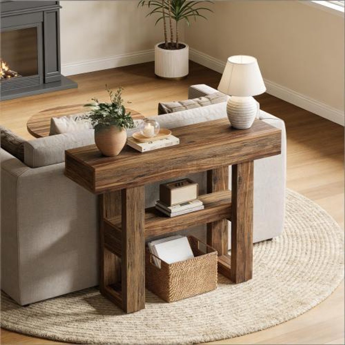 OKWISH Consoletafel - 2 Niveaus Opbergruimte - Voor Hal En Woonkamer - Landelijke Stijl - MDF Bruin
