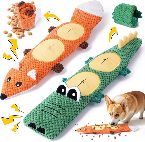 Oranje vos en groene krokodil speelgoed met hond en voer op de grond.