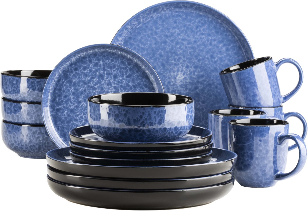 Mäser Combi Serviesset FILIPPA 16-delig Blauw - Compleet Servies voor 4 Personen - Keramisch Eetservies met Borden, Kommen en Mokken - Moderne Tafelservice
