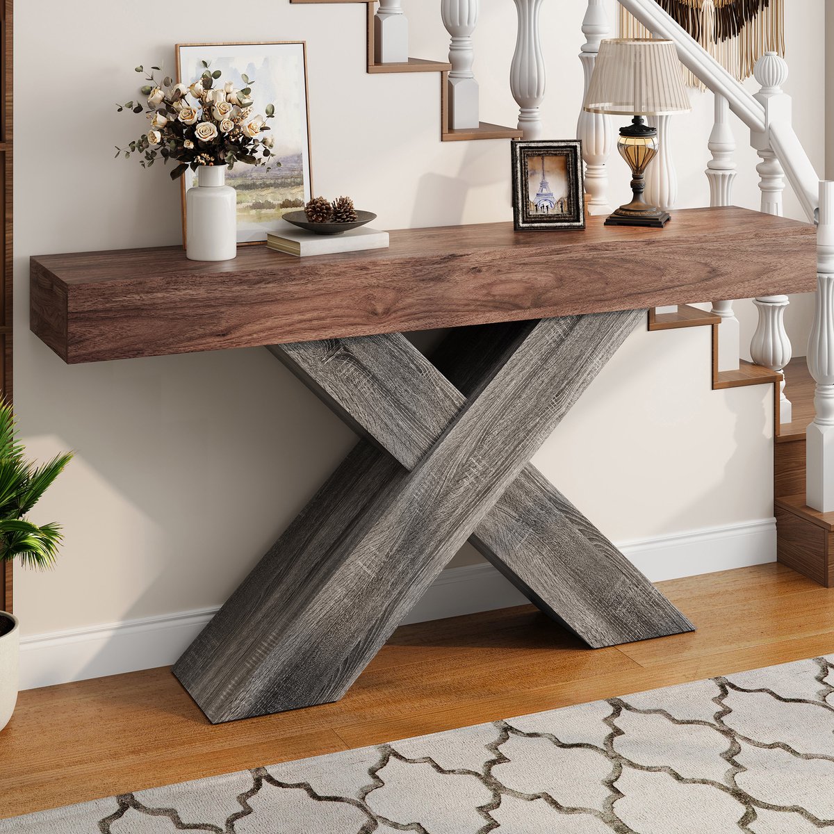 STILVORA Consoletafel - Smal Design Met X-Vormige Steun - Voor Hal En Woonkamer - Spaanplaat - 140x30x80 Cm - Walnoot Zwart