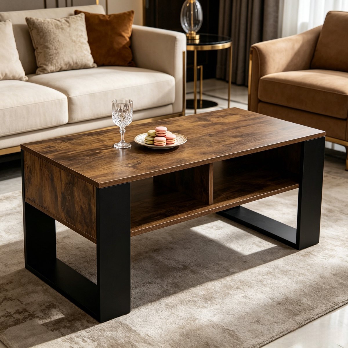 MODENUIT Salontafel - Open Opbergvakken - Voor Woonkamer - Hout Zwart En Rustiek Bruin - 90x45x45 Cm Zwart, Rustiek Bruin