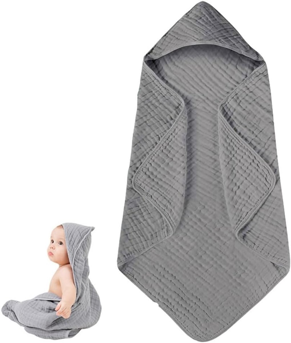 Baby Badhanddoek met Capuchon - Baby Wikkeldeken - Baby Verzorgen - Extra Zacht Mousseline - 80 x 80 cm - Grijs