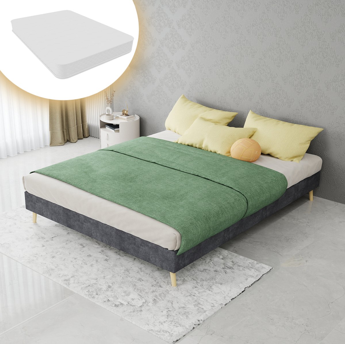 COVREO Bedframe met meerpunts ondersteuning – 140x200x53 cm – Tweepersoonsbed met stof en metaal – Platformbed voor slaapkamer – Grijs - met matras