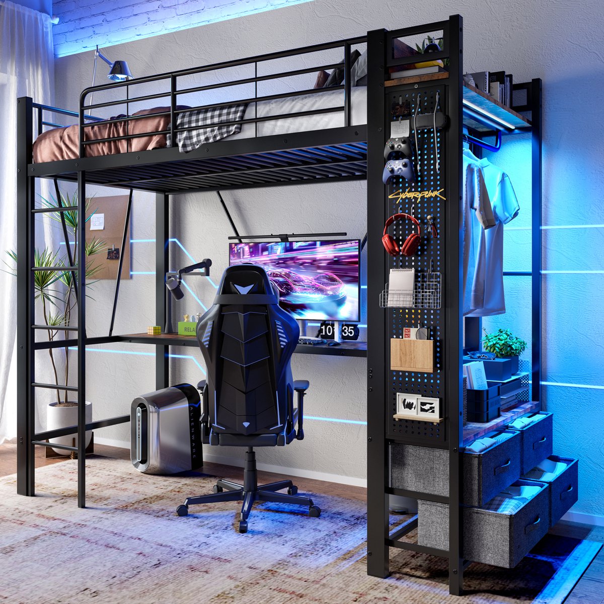 Hoogslaper, 90 x 200 cm, ijzeren frame, met bureau, kledingrek, planken, 4 lades, USB- en Type-C-aansluitingen, led-lichtstrip, veiligheidsrail, ladder, kledingrek, matras niet inbegrepen, zwart.
