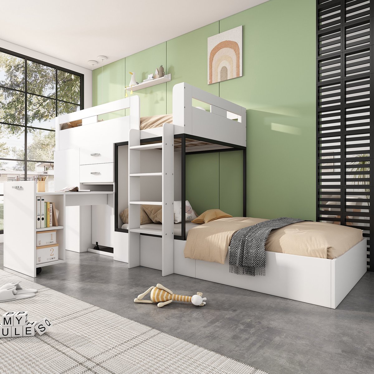 COVREO Stapelbed met uitrekbaar bureau – Kinderbed met garderobe en lades – voor slaap en opbergruimte – 286x94x150,5 cm – Wit Zwart - zonder matras