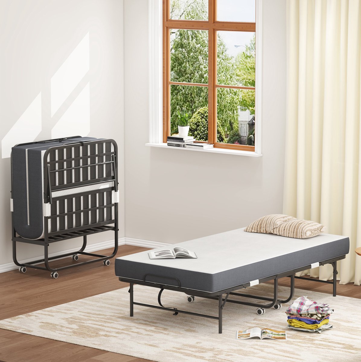 COVREO Opklapbed 190x96 cm zwart met metalen frame, memory-foam matras en wielen