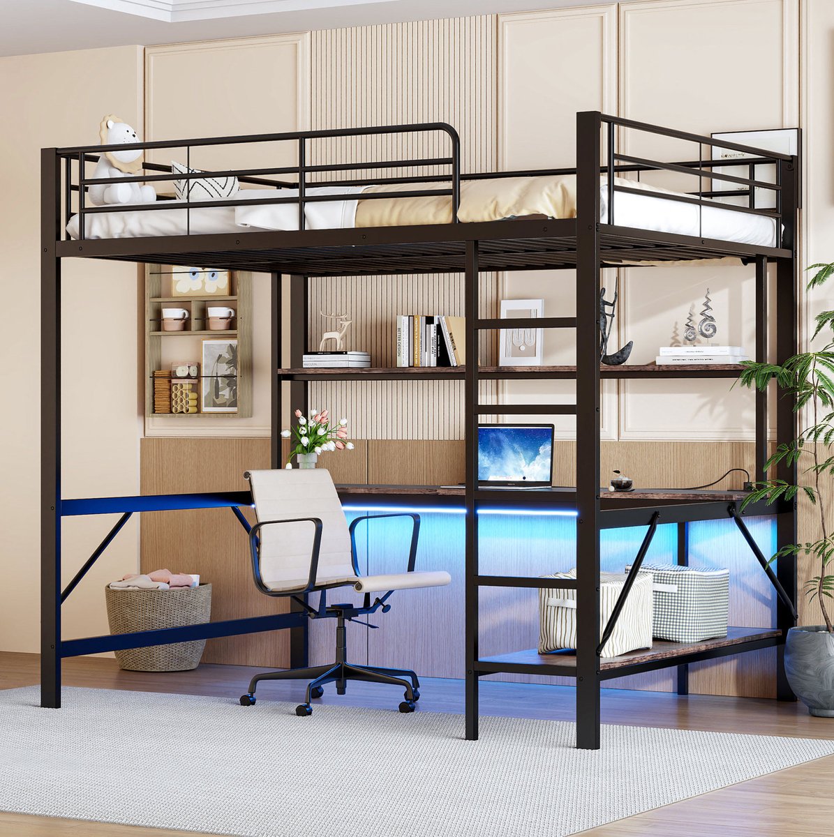 COVREO Hoogslaper 140x200 cm zwart metalen frame met bureau zonder matras