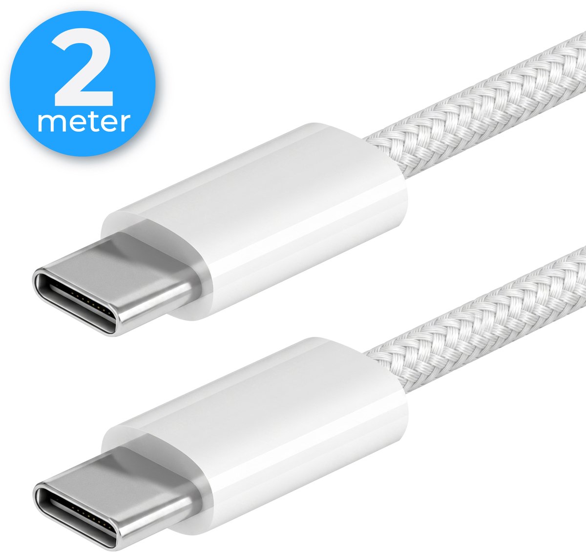 Nuvance USB C naar USB C Kabel - USB C Lader - 2 Meter - Snellader USB C - Gevlochten Nylon - 60W - 480 Mbps - Wit