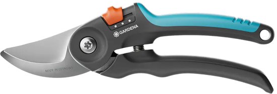 Snoeischaar met zwarte en turquoise handvatten en een zilveren mes, 'Made in Germany'.