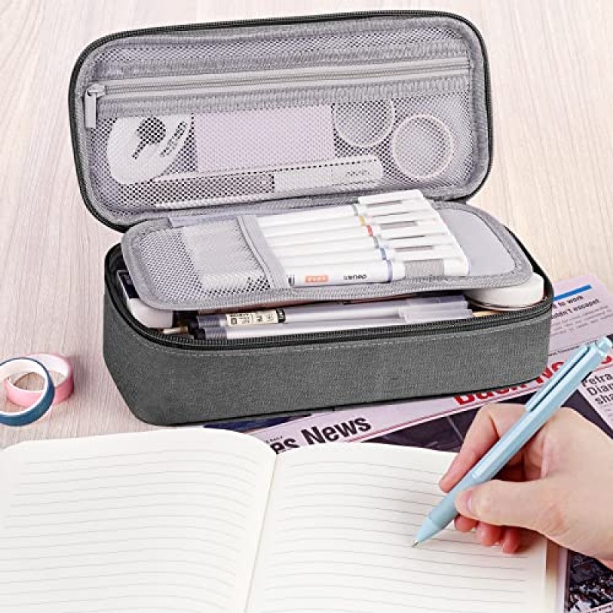 ModernStore Groot Pennenetui met 5 Ritsvakken, Pencilcase voor Kantoor en School, Donkergrijs, 23 x 11 x 6 cm