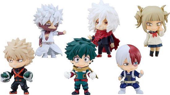 Zes Nendoroids van My Hero Academia karakters: Dabi, Shigaraki, Toga, Bakugo, Midoriya en Todoroki.