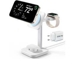 ESR HaloLock 3-in-1 Oplader | Compatibel met MagSafe | Magnetische Draadloze Lader Geschikt voor iPhone, AirPods (Pro) en Apple Watch | met 20W USB-C Adapter en 1.5M USB-C Kabel | Made for Watch | Wit