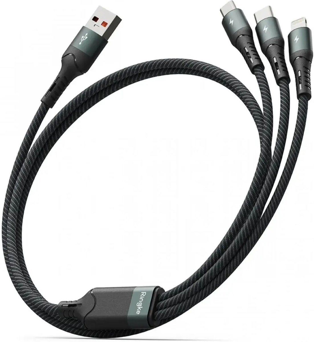 Ringke 3-in-1 Kabel USB-A naar Micro-USB / USB-C / Lightning 1.2M Zwart
