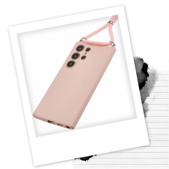 Roze hoesje voor Samsung Galaxy S24 Ultra met een roze koord.