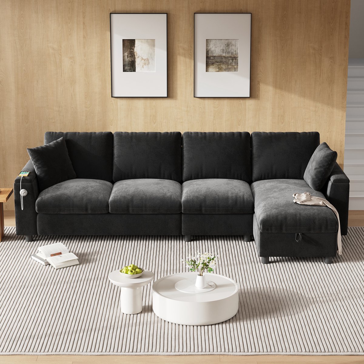 DESMIU Hoekbank 280 Cm - Omkeerbare Hoek Met Opbergruimte, Uitklapbare Tafel Met Bekerhouders, USB En Type-C - Chenille Grijs