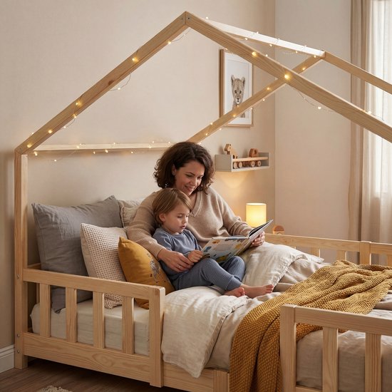 Mère et enfant lisant un livre dans un lit maison en bois avec guirlande lumineuse.