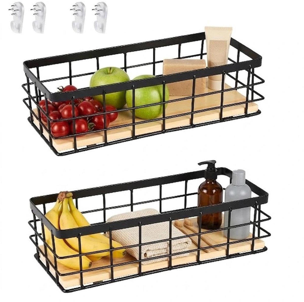Omgoods - Set van 2 Zwarte Draadmanden met Houten Basis voor Koken en Opslag