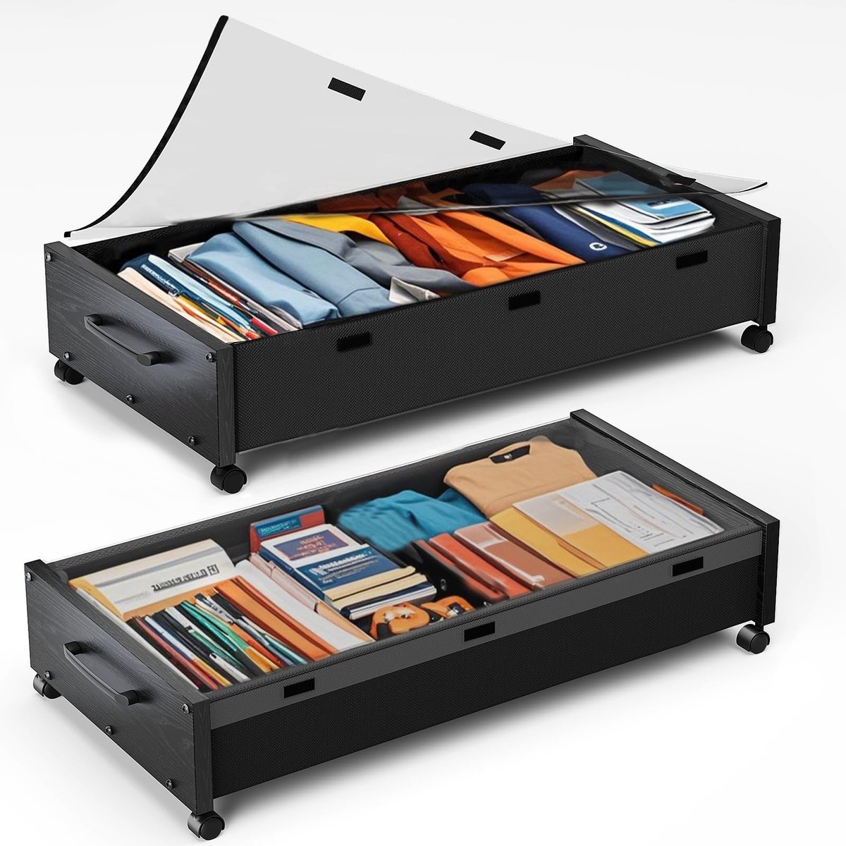 Omgoods - Onderbed Opbergdozen met Wielen, 80L, Set van 2 met Afneembaar Deksel
