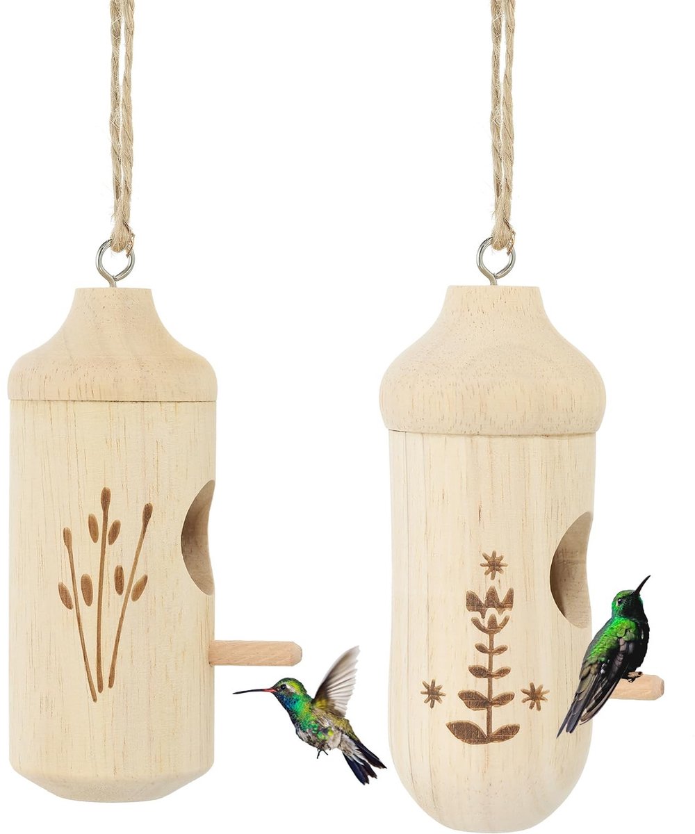 Omgoods - Set van 2 Natuurlijke Hout Vogelhuisjes voor Kolibries