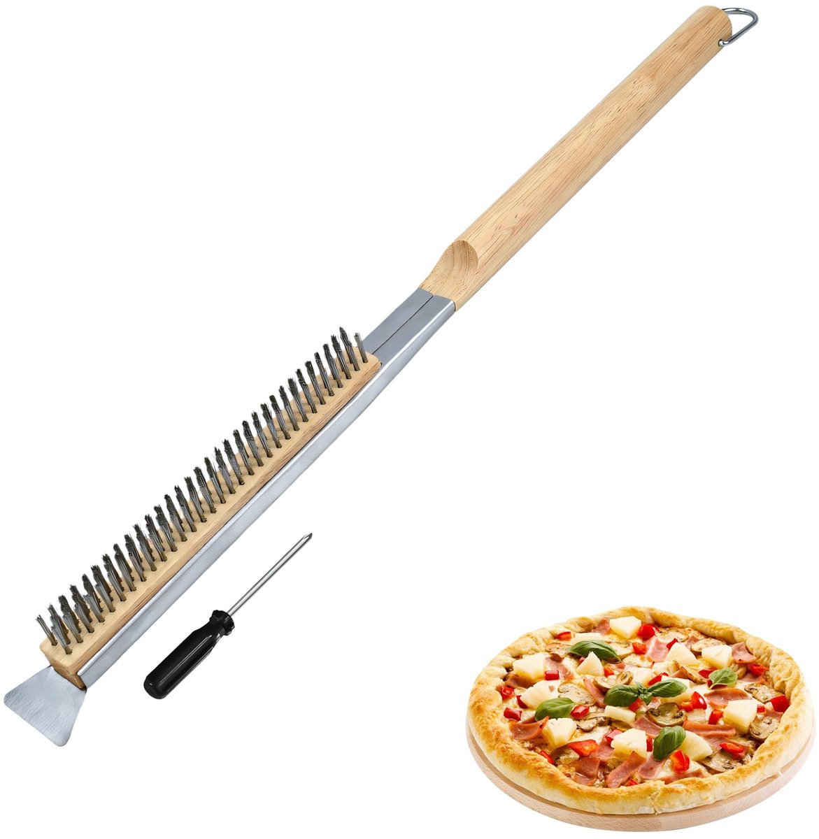 Omgoods - Pizza Oven Borstel en Schraper Set met Houten Handvat