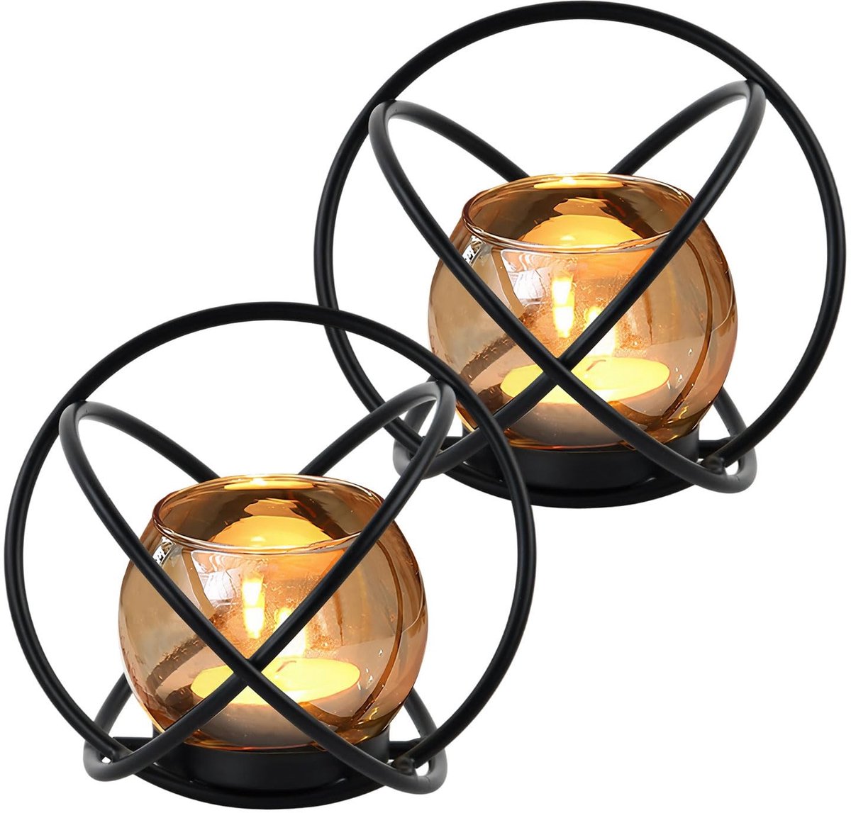 Omgoods - Set van 2 Metalen Geometrische Kaarsenhouders - Zwart Decoratief