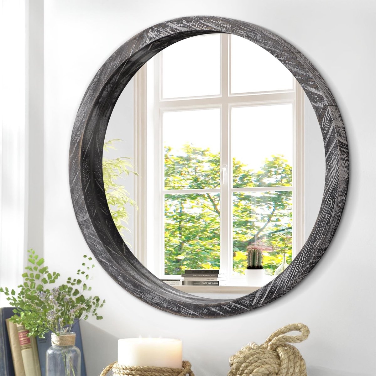 Omgoods - Houten Ronde Spiegel met Zwart Frame 40 cm