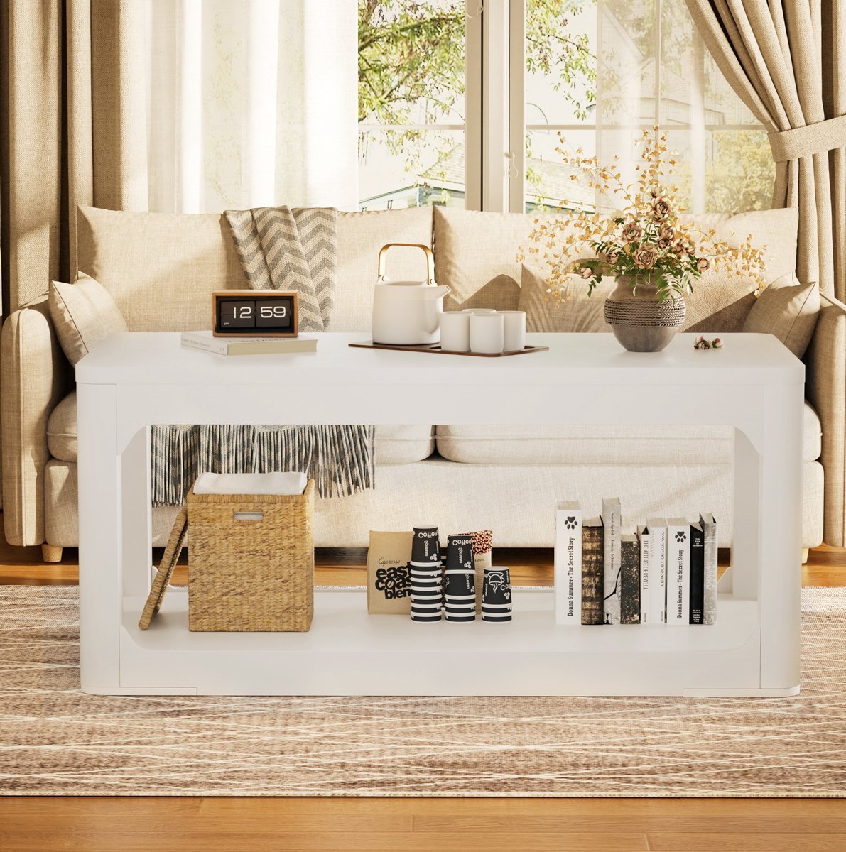 DESMIU Salontafel - Twee Open Opbergvakken En 3 Cm Dik Blad - Voor Woonkamer En Slaapkamer - MDF - 100x50x44,5 Cm - Wit