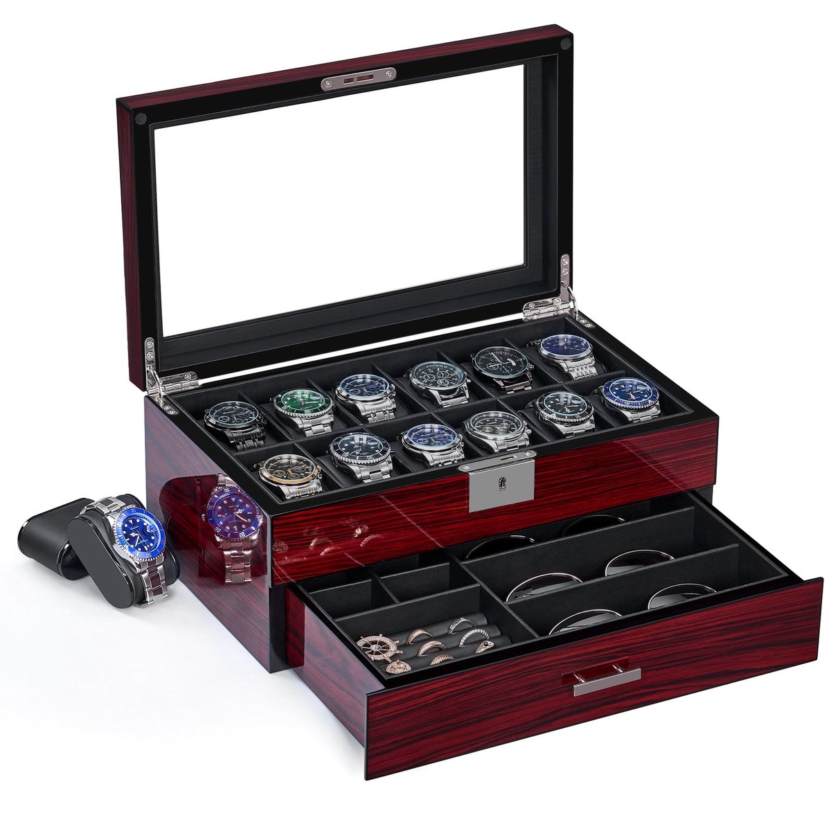 Omgoods - Luxe Horloge Organizer met 12 Compartimenten en Glasdeksel