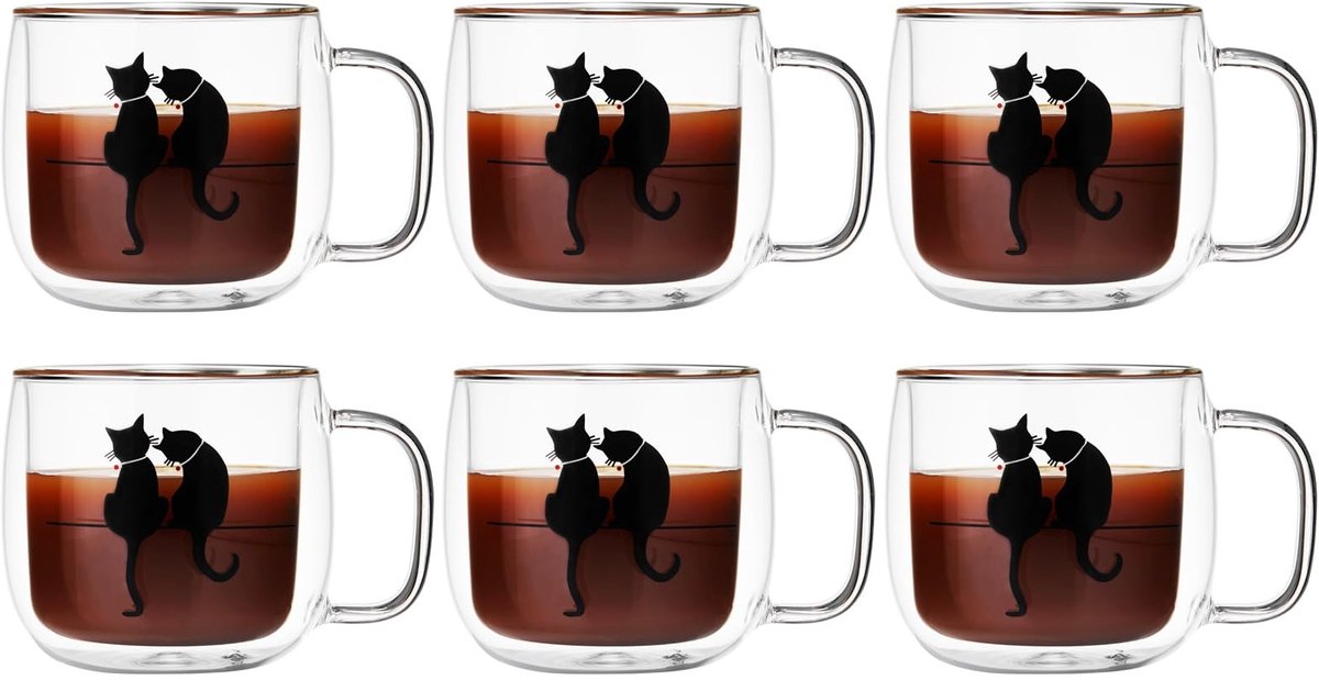 Omgoods - Dubbelwandige Glazen Koffiemok met Zwart Kat Ontwerp