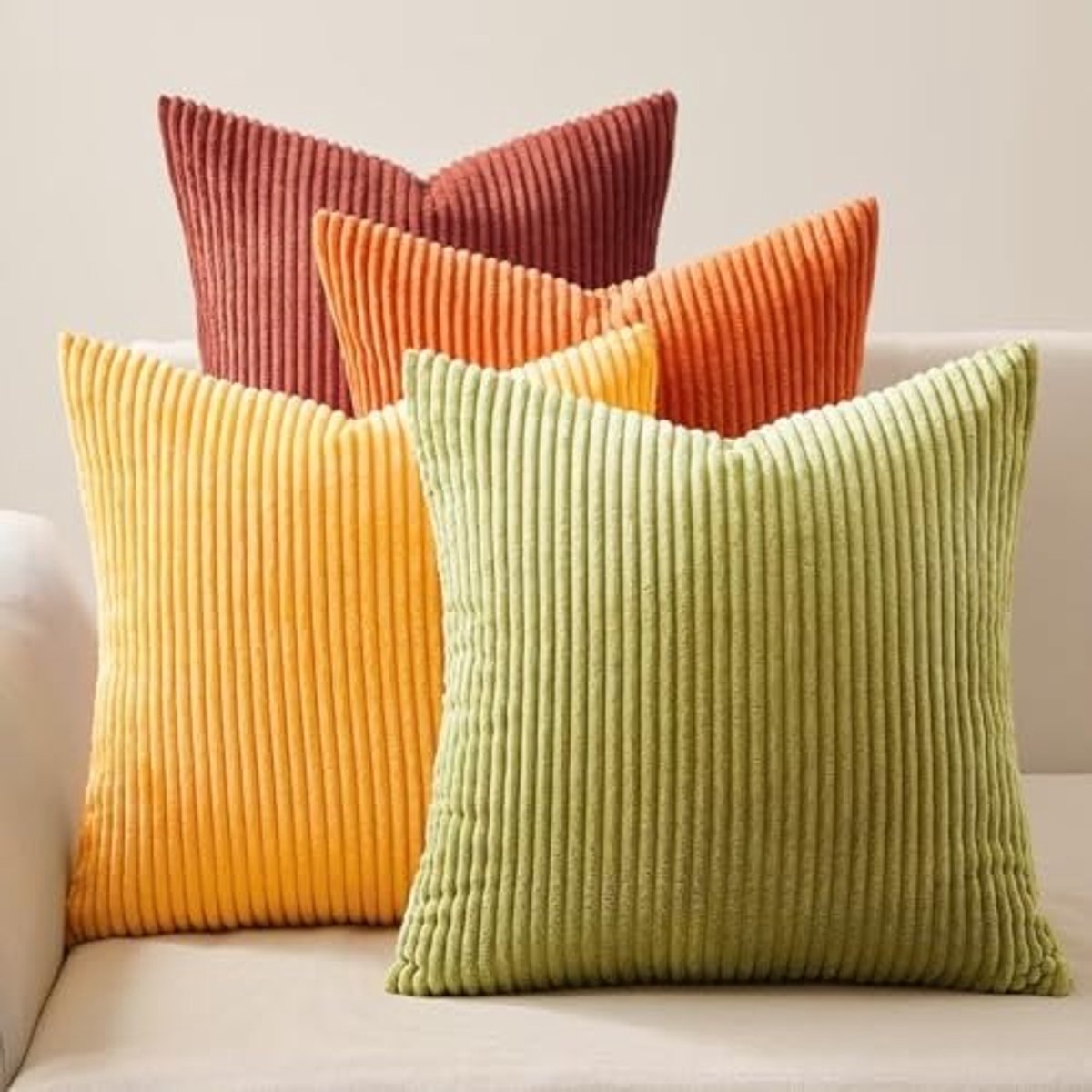 Omgoods - Set van 4 Fluffy Kussenhoezen van Corduroy in Geel, Groen en Oranje, 60 x 60 cm