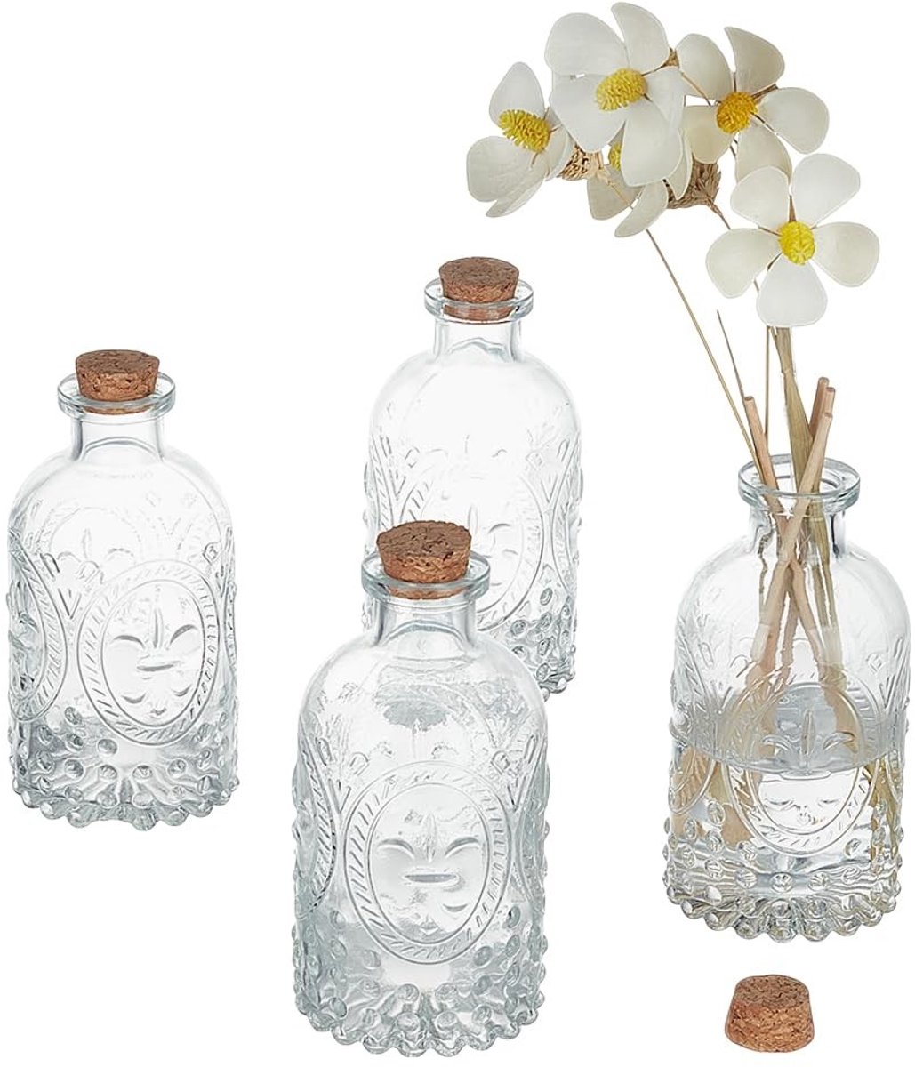 Omgoods- Glazen Flessen 200ml - Beugelfles - Vintage Reliëfflessen - Miniatuur Vazen - Decoratieve Flessen - Voor Tafeldecoratie