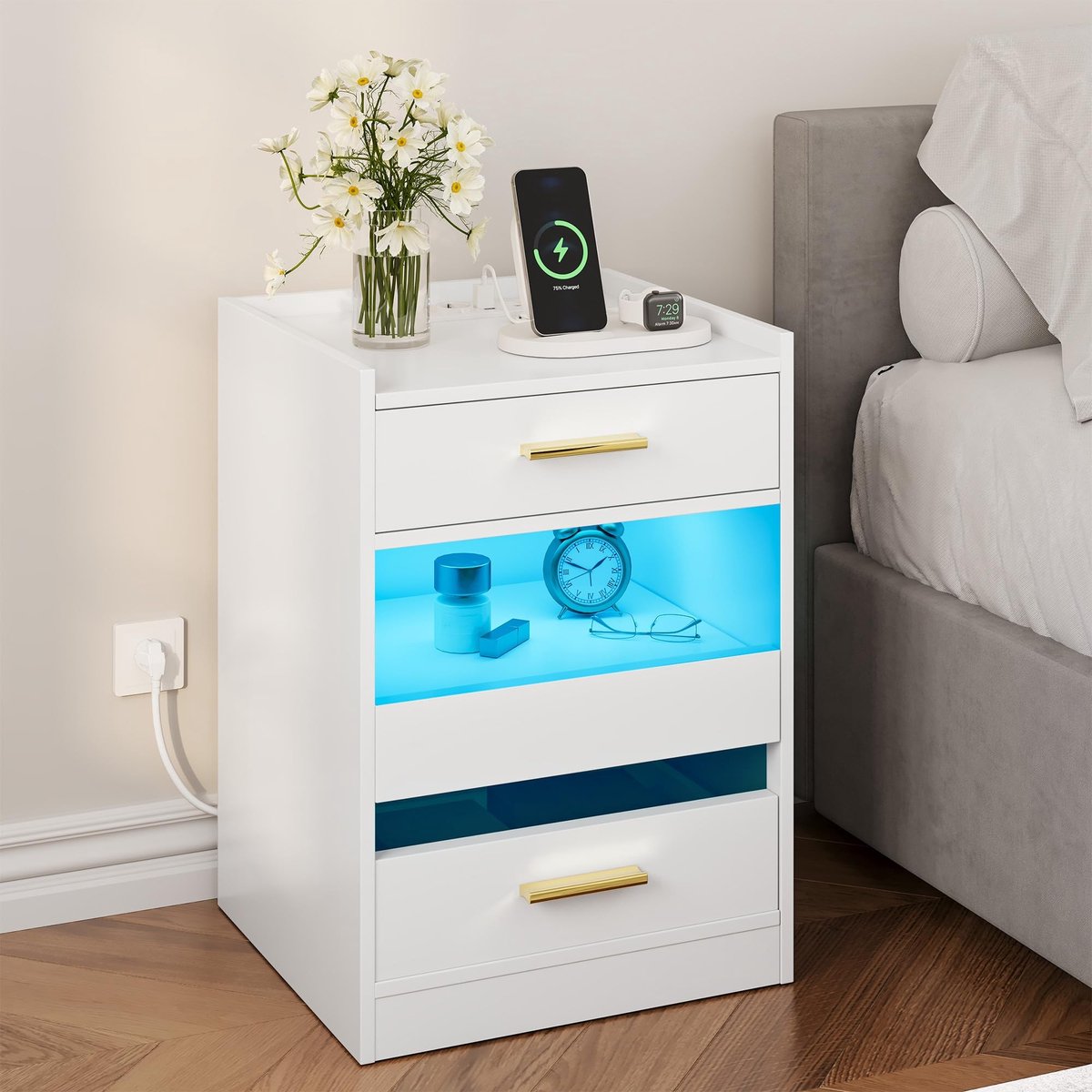 Omgoods - Nachtkastje met LED-lampjes en laadstation - Wit, 40 x 40 x 60 cm