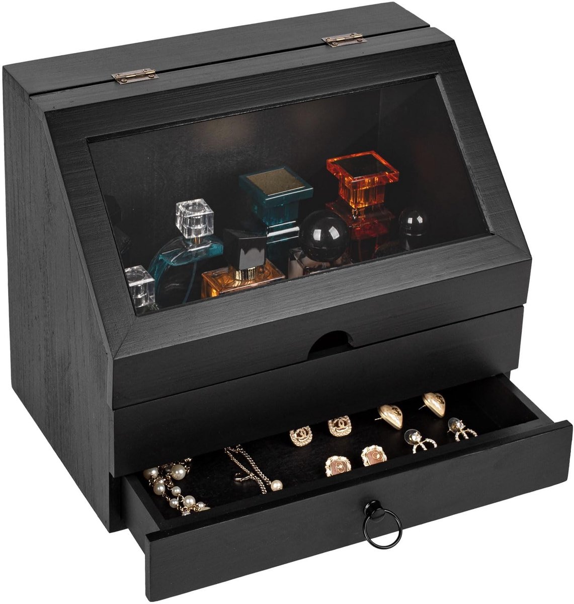 Omgoods- Parfumorganizer met acryl display - Houten parfum houder - Onderverdeelde lade - Sieraden/ cosmetica organizer - Zwart - Robuust massief hout - Parfumhouder