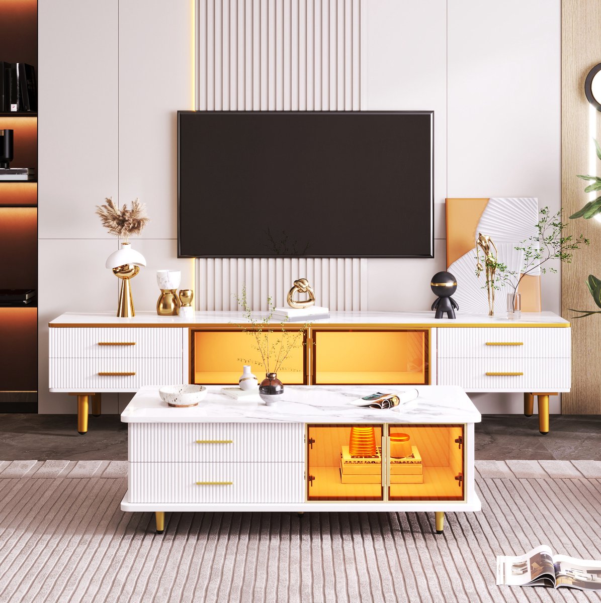 COVREO TV meubel 170 x 37 x 47,5 cm wit en goud, gehard glas met LED