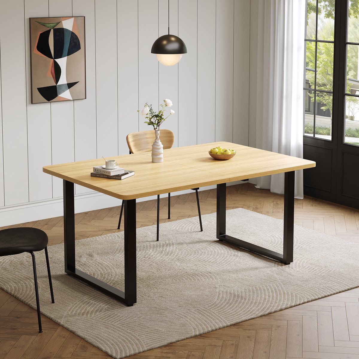 KOMHTOM - Uitschuifbare Eettafel - Rechthoekige Tafel met 3 Lengtes - 140/180/220 x 80 cm - Metalen Poten - Eenvoudige Stijl - Eikenkleur - Geschikt voor 6-10 Personen - Voor Keuken en Eetkamer