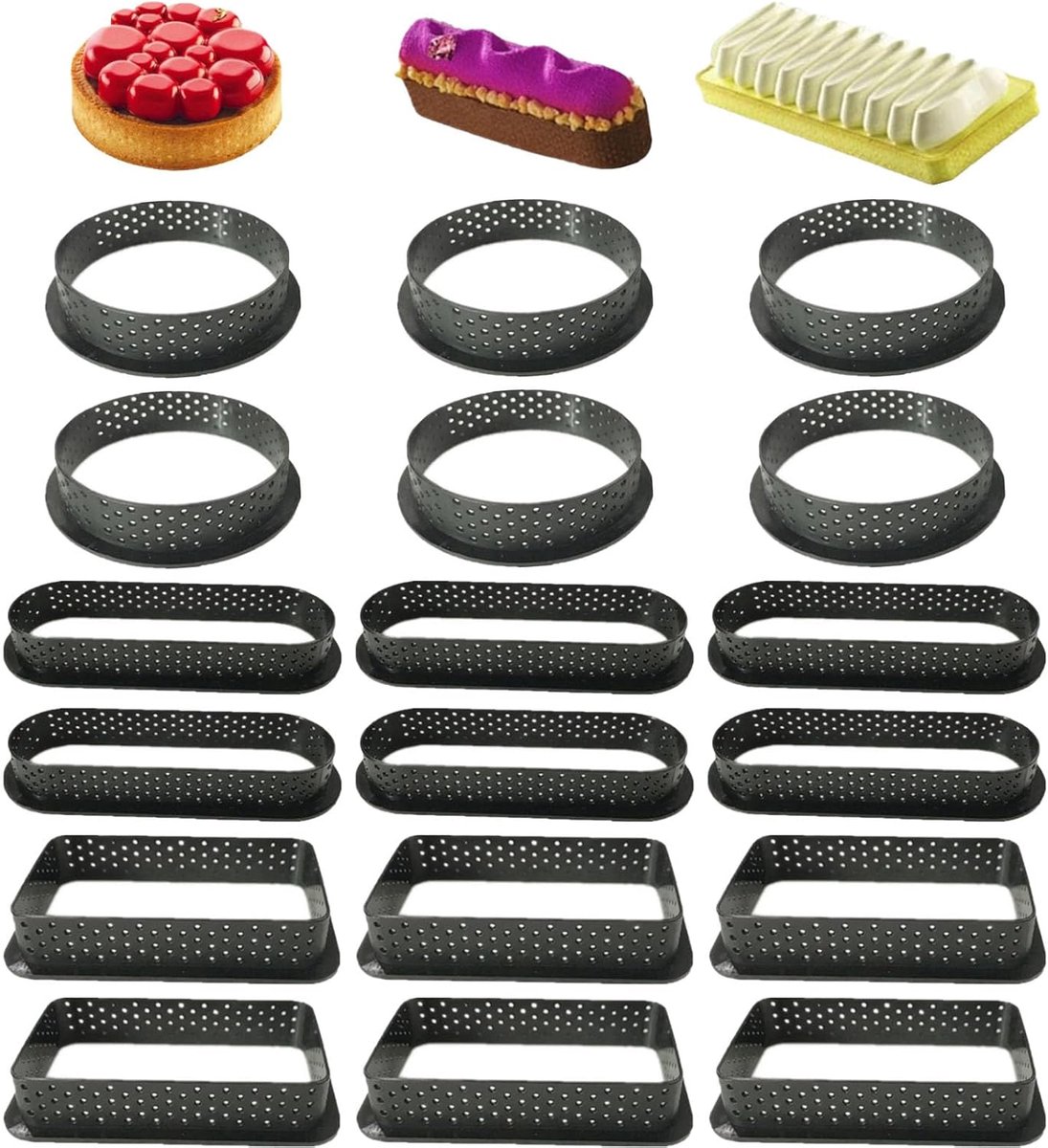18 Pieces Dessert Rings, Cake Mould, Oval Round, Cake Mould with Ventilation Holes, Non-Stick Coating, Multifunctional - ShopVlot