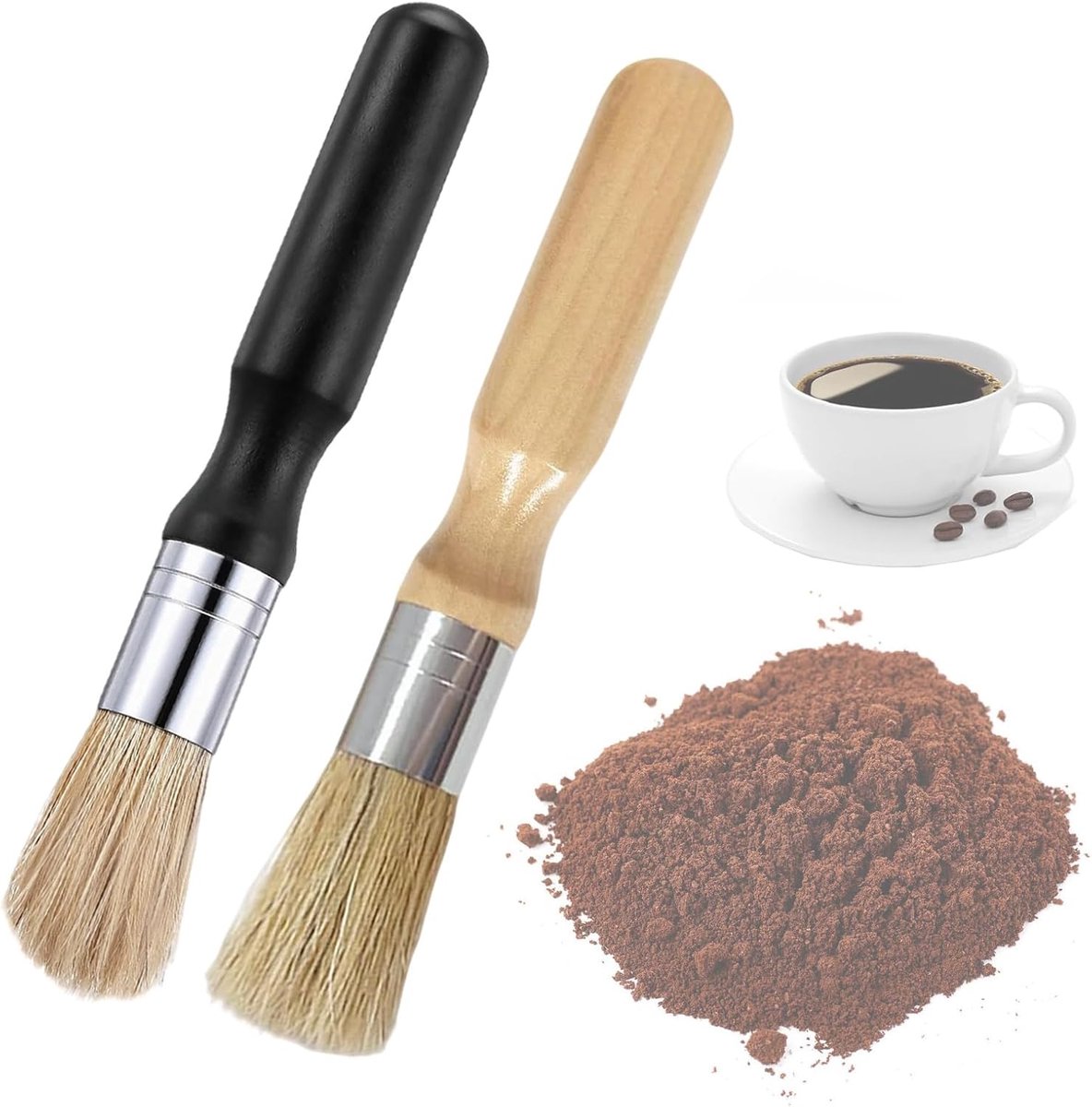 SnelShoppen - 2 Stuks Koffieborstel Barista CRIN met Antislip Handvat, Ergonomische Borstel van Natuurlijke Houten Handvat voor Keuken en Woonkamer (B