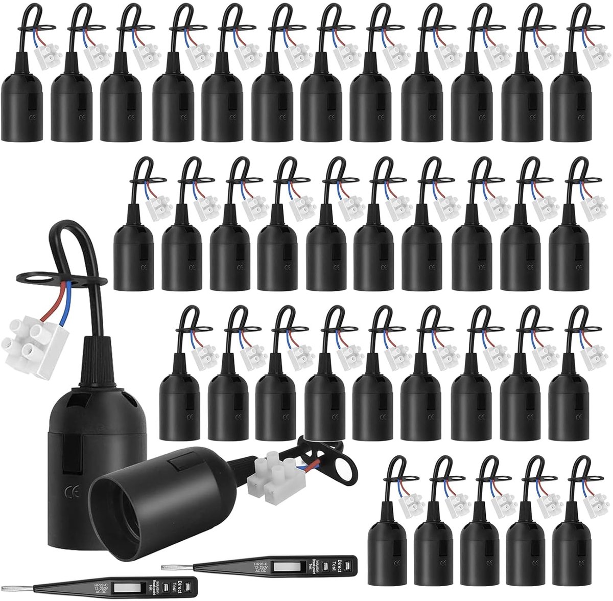 Lamp holder E27 with cable, 38 pieces renovation fitting, with 2 pieces VDE voltage tester - ShopVlot