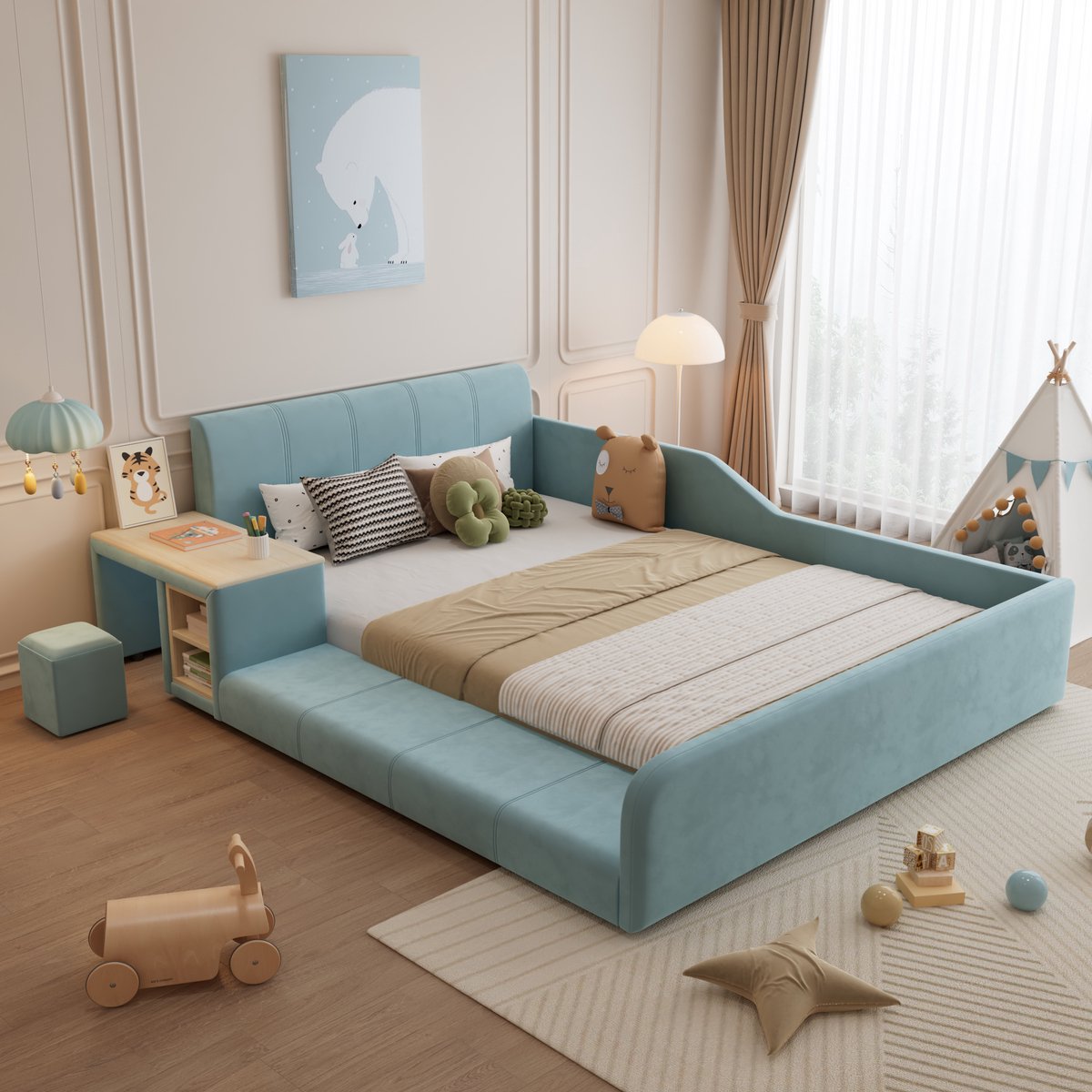 Gestoffeerd kinderbed 140x200 cm - Compleet met bureau en opbergkruk - Blauw fluweel - Zachte, hoge zijpanelen voor extra veiligheid - Inclusief houten lattenbodem - Geschikt voor kinderkamer en tienerkamer
